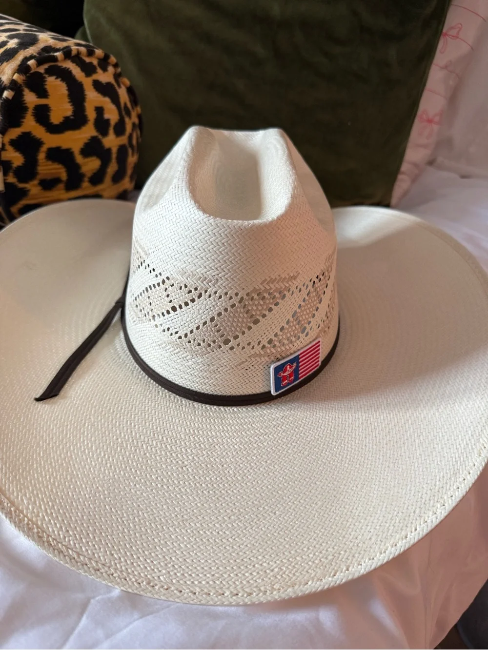 Natural Straw Cowboy Hat with Slim Brown Band and Flag Patch